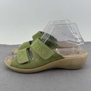 Fly Flot Anatomic Slide Sandals Womens US 7.5 Green Tan Italian Leather Comfort